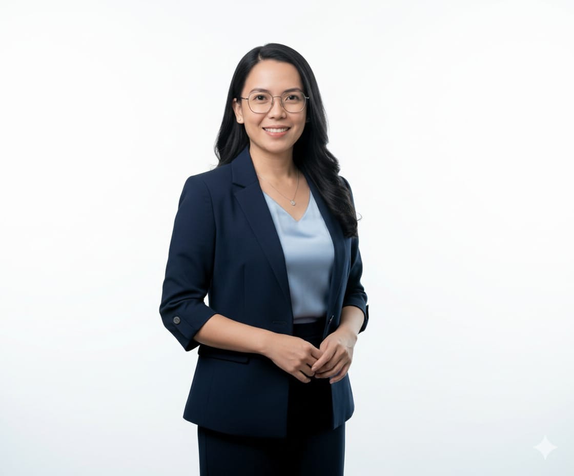 Professional Filipino woman in navy blazer smiling warmly at camera in modern office setting